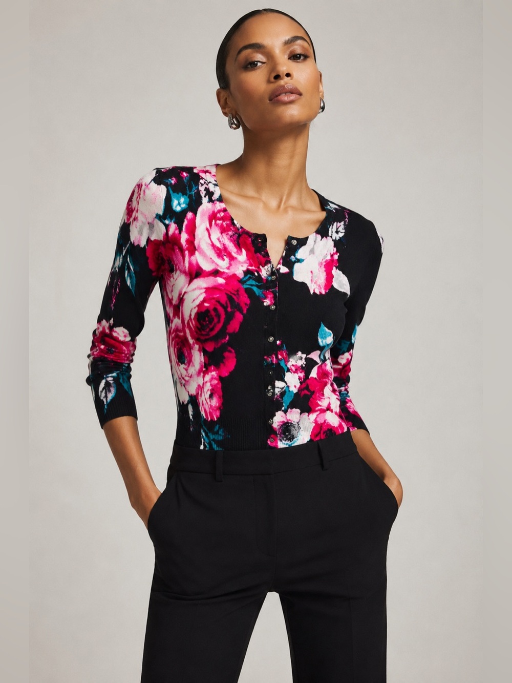 White House Black Market Black Floral Snap Button-Front Cardigan Chic Fitted S